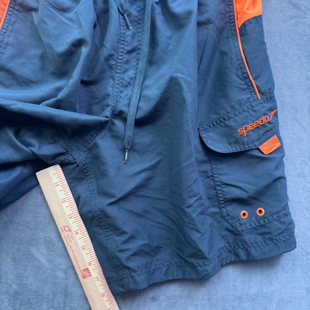 Speedo Mens Swim Trunks Navy Orange Colorblock Cargo Pocket Small
